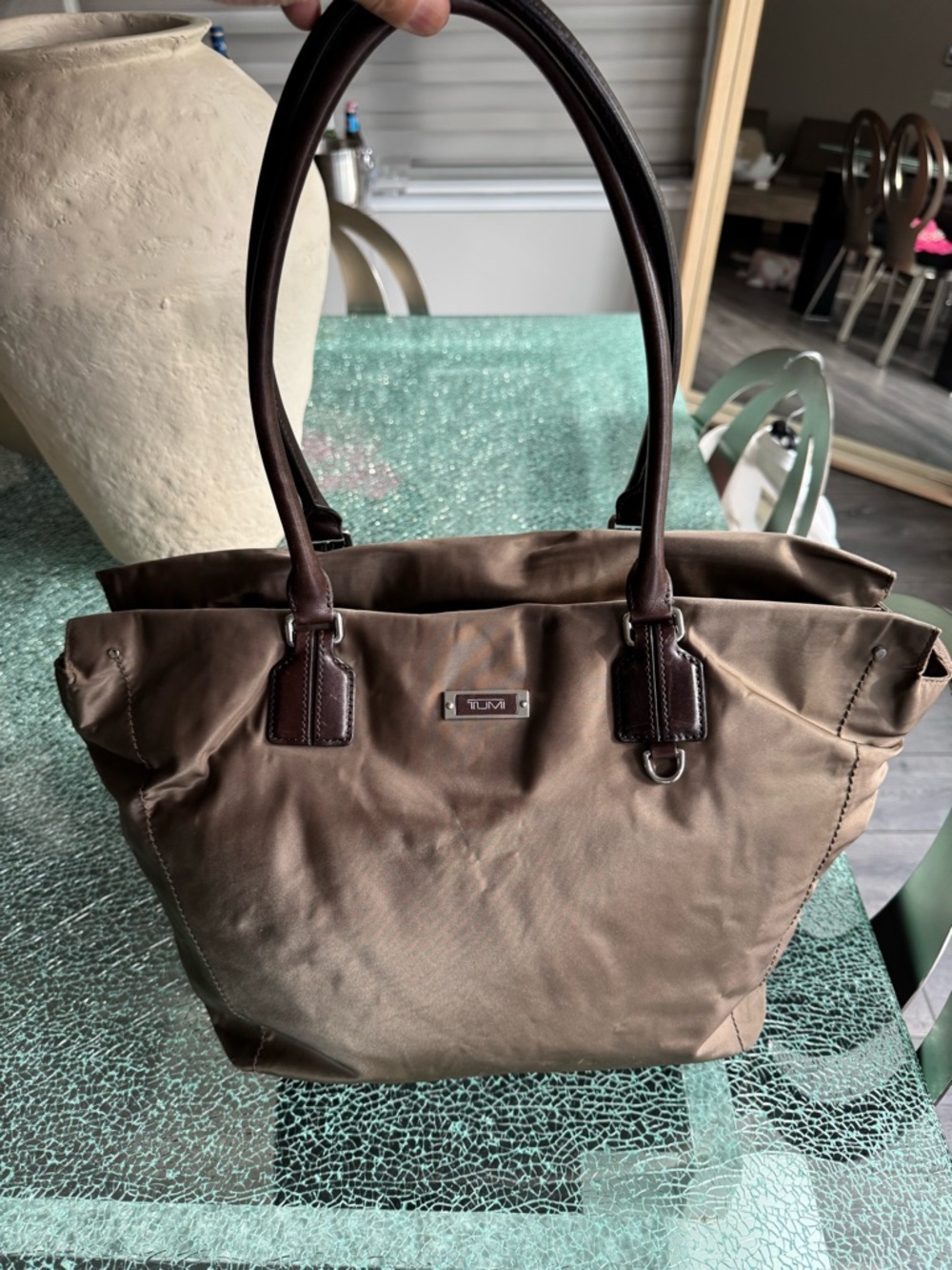Tumi Olive Brown Nylon Tote with Dark Brown Leather Handles